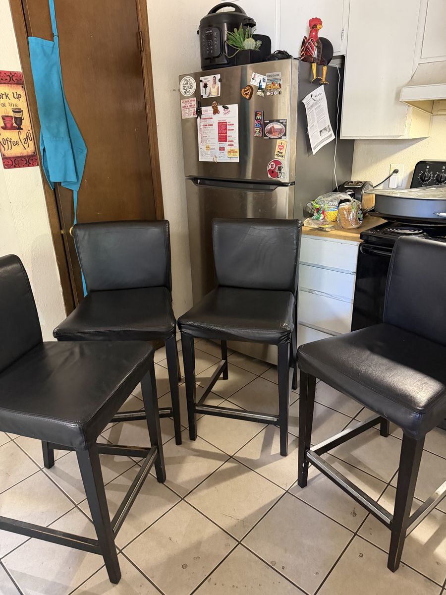 Dining Table & 4 Bar Stools - Dark Wood Finish, Glass Top, Black Faux Leather Chairs