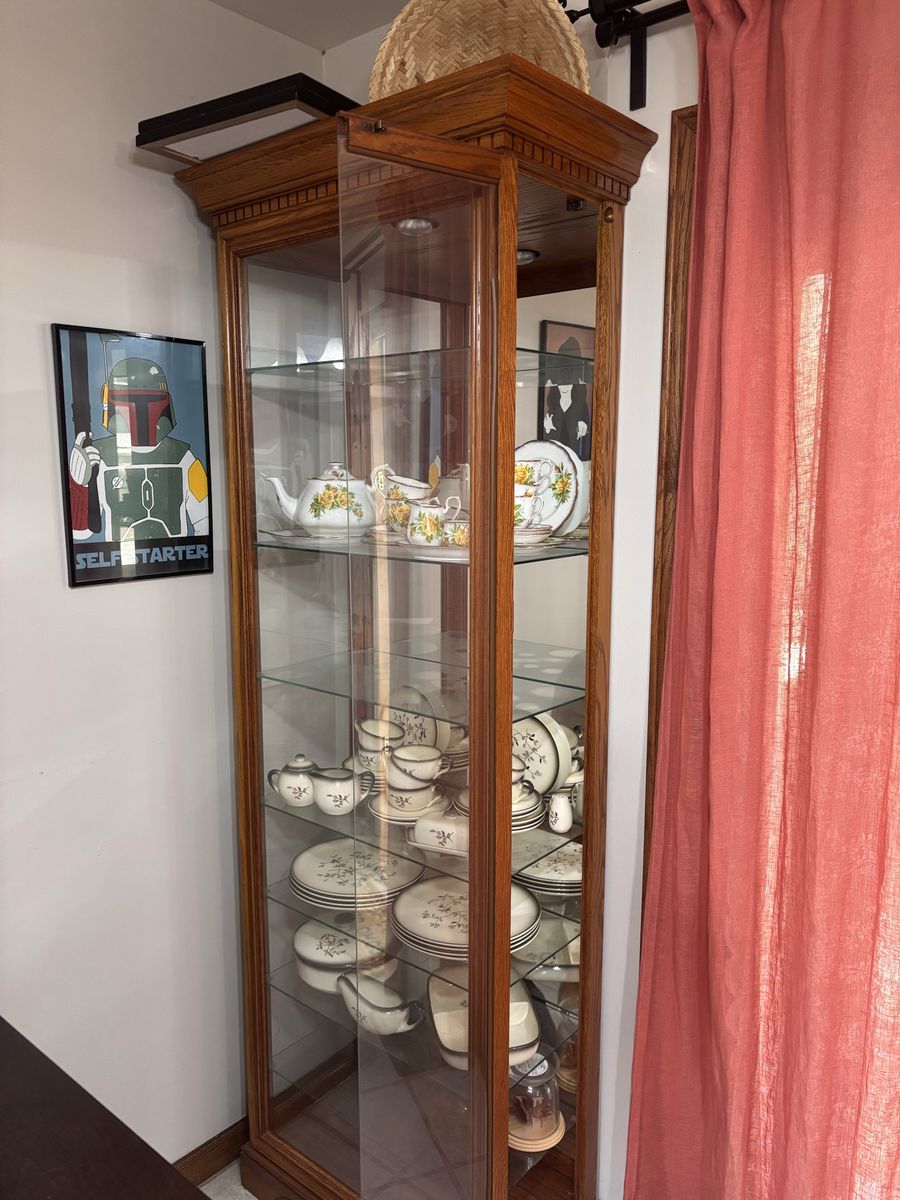 Oak Curio Cabinet with Glass Shelving and Mirrored Back
