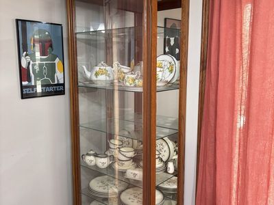 Oak Curio Cabinet with Glass Shelving and Mirrored Back