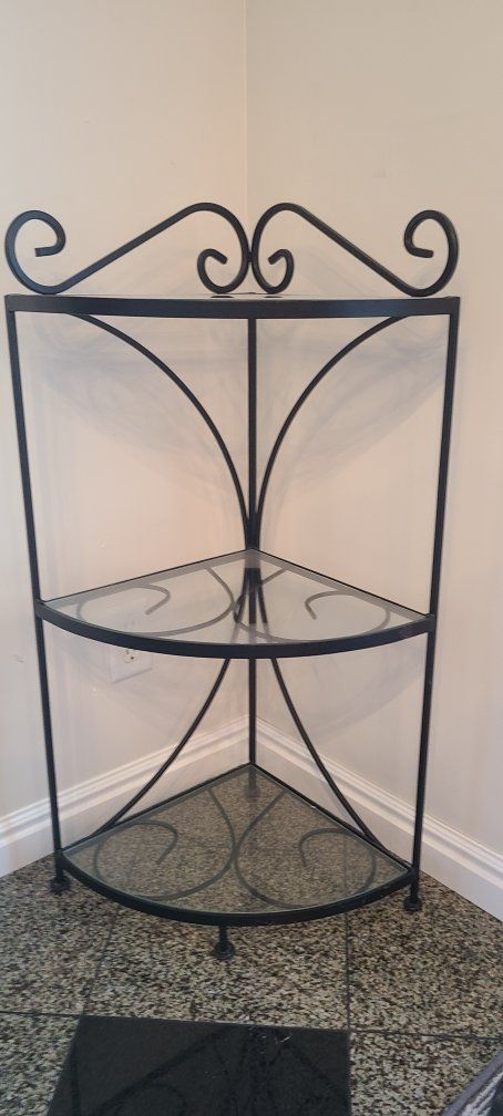 Black Metal Corner Shelf with Scrollwork and Glass Shelves