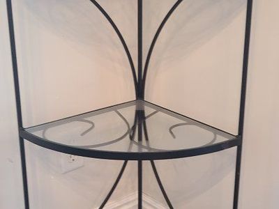Black Metal Corner Shelf with Scrollwork and Glass Shelves