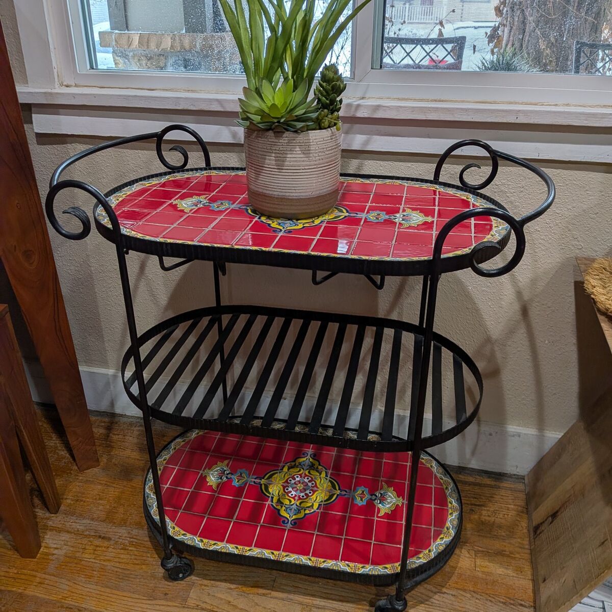 Mcm Vintage Wrought Iron mosaic Serving Cart