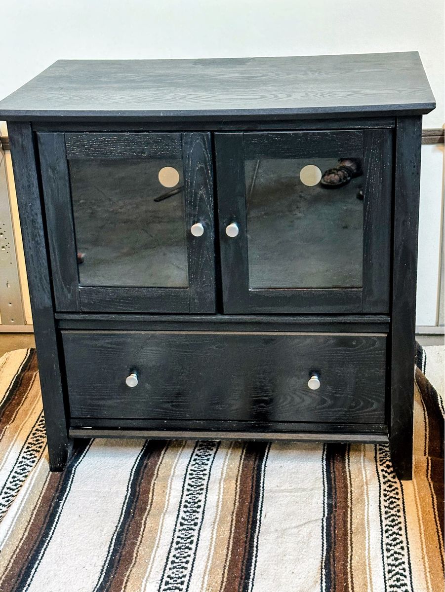 Black Wood Media Cabinet TV Stand with Glass Doors and Storage Drawer