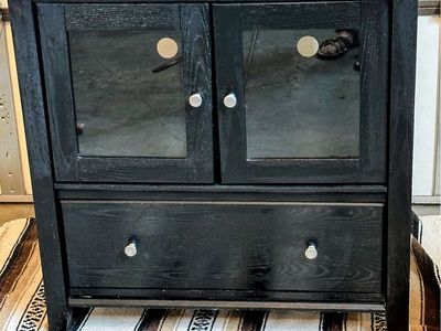 Black Wood Media Cabinet TV Stand with Glass Doors and Storage Drawer