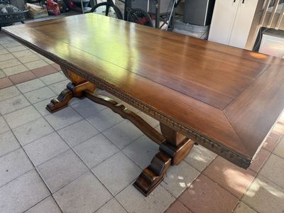 8ft Vintage Solid Wood Trestle Dining Table - Ornate Carved Legs, Dark Wood Finish