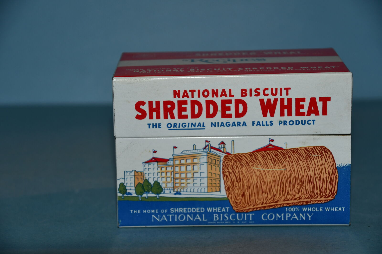 VINTAGE 1973 METAL "SHREDDED WHEAT" RECIPE BOX ~ NATIONAL BISCUIT ~ CLEAN!