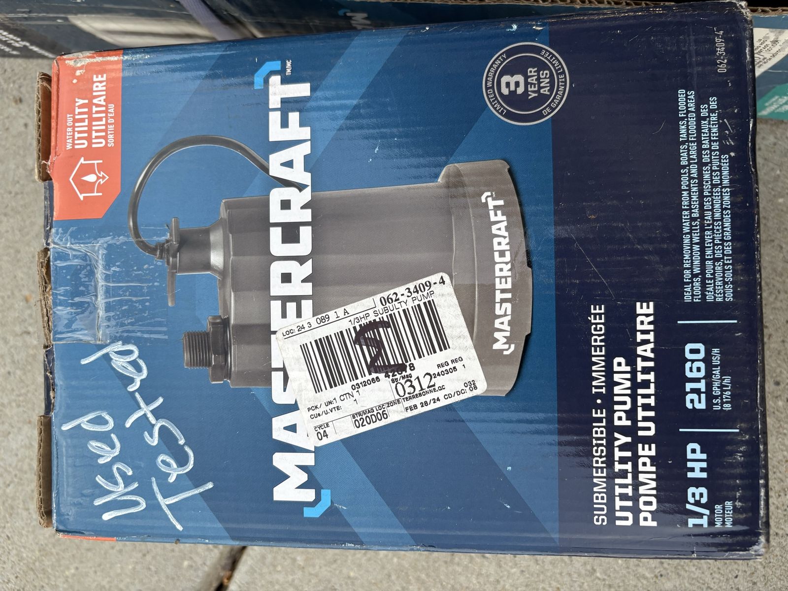 Mastercraft 062-3409-4 1/3 HP Submersible Utility Pump - Tested, 2160 GPH