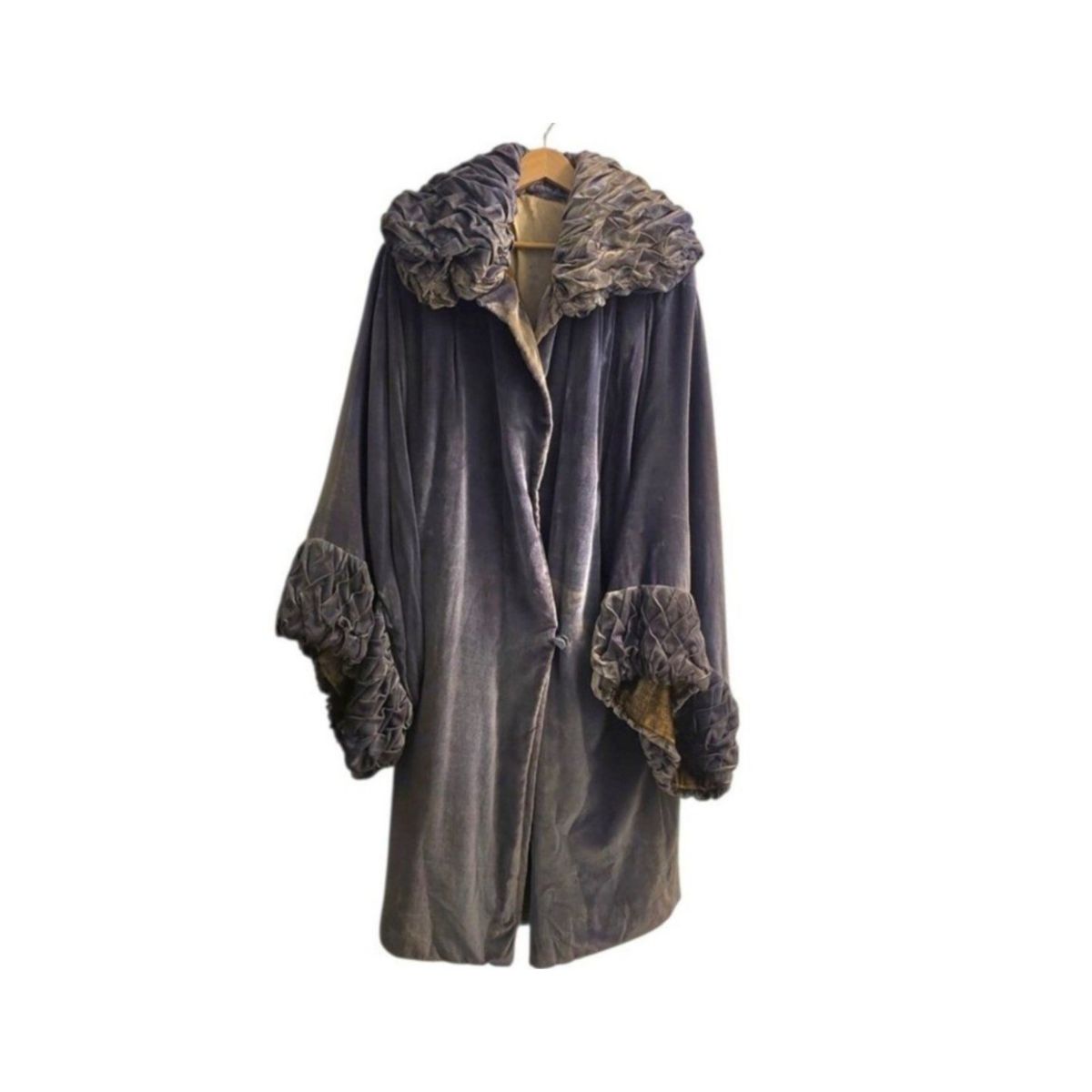 Antique Edwardian Silk Velvet Opera Coat Blue Ruched Collar Kimono Sleeves c1900
