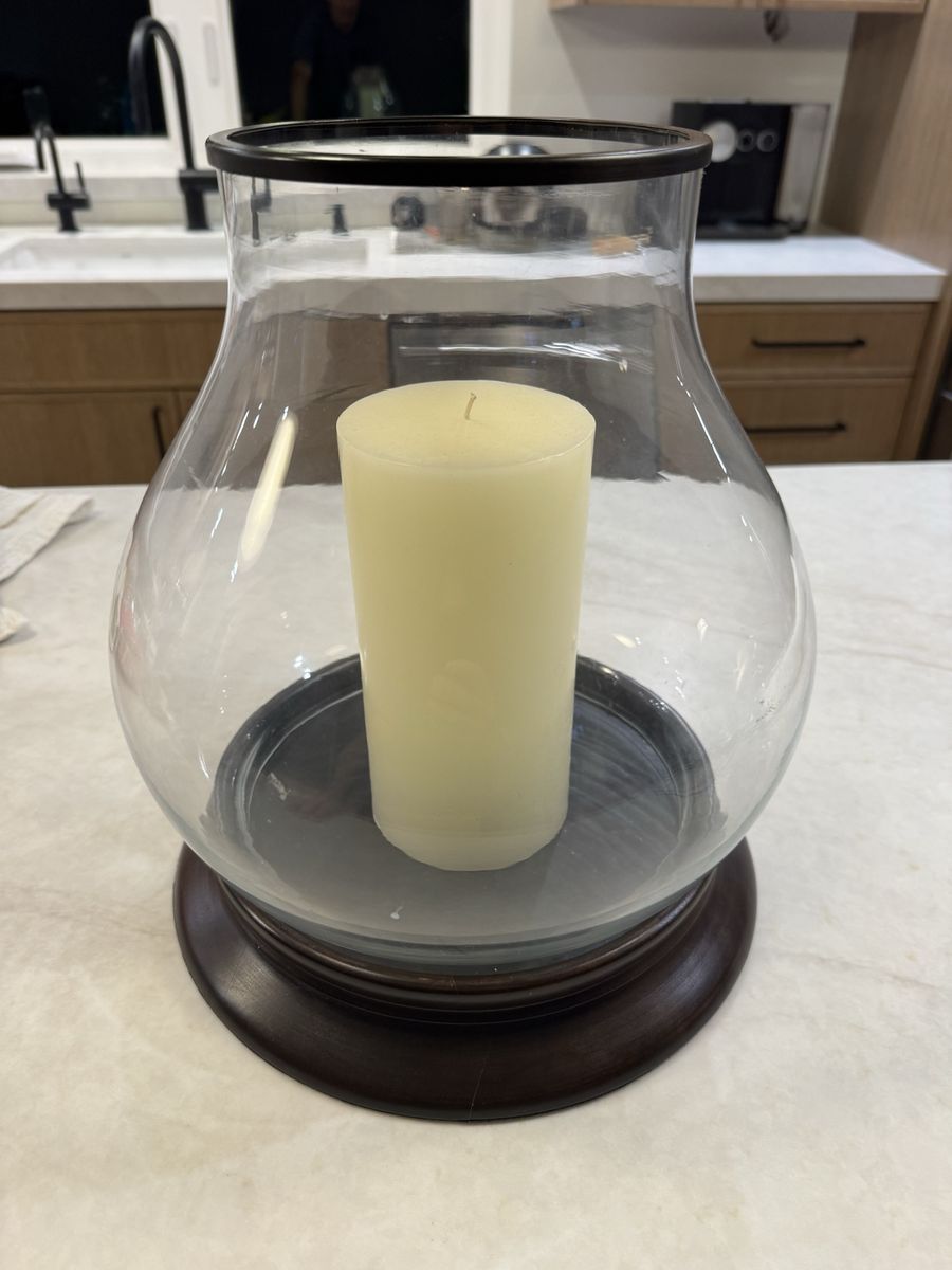 Glass Candle Hurricane Lantern with Wooden Base and Pillar Candle