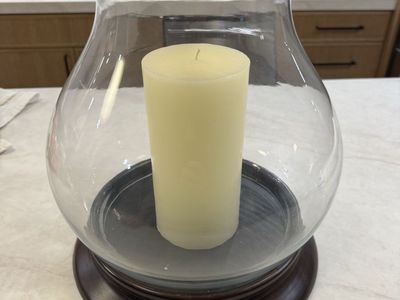 Glass Candle Hurricane Lantern with Wooden Base and Pillar Candle