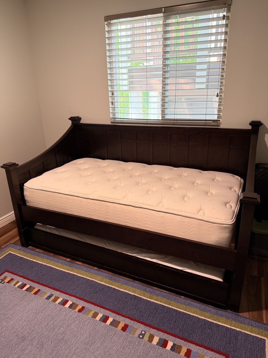 Dark Wood Daybed with Trundle and Two Mattresses - Excellent Condition Twin Size