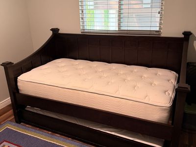 Dark Wood Daybed with Trundle and Two Mattresses - Excellent Condition Twin Size