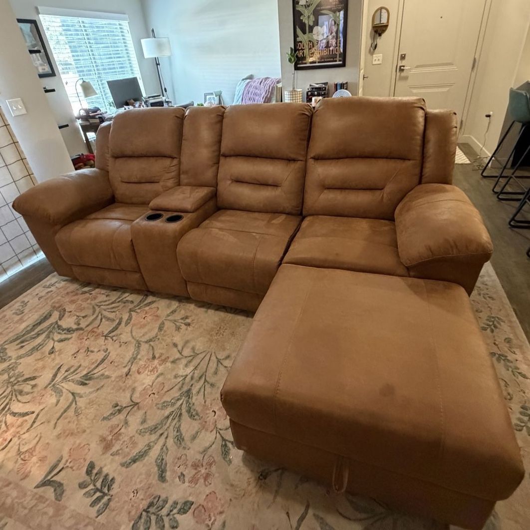 Brown Microfiber Reclining Sectional Sofa with Storage Ottoman and Center Console