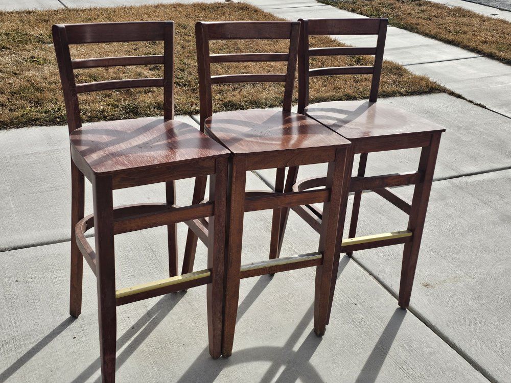 Set of 3 Wooden Bar Stools, Dark Brown Finish, Backed Counter Height Chairs