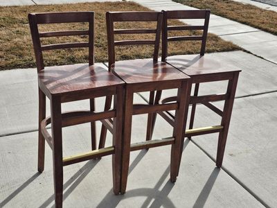 Set of 3 Wooden Bar Stools, Dark Brown Finish, Backed Counter Height Chairs