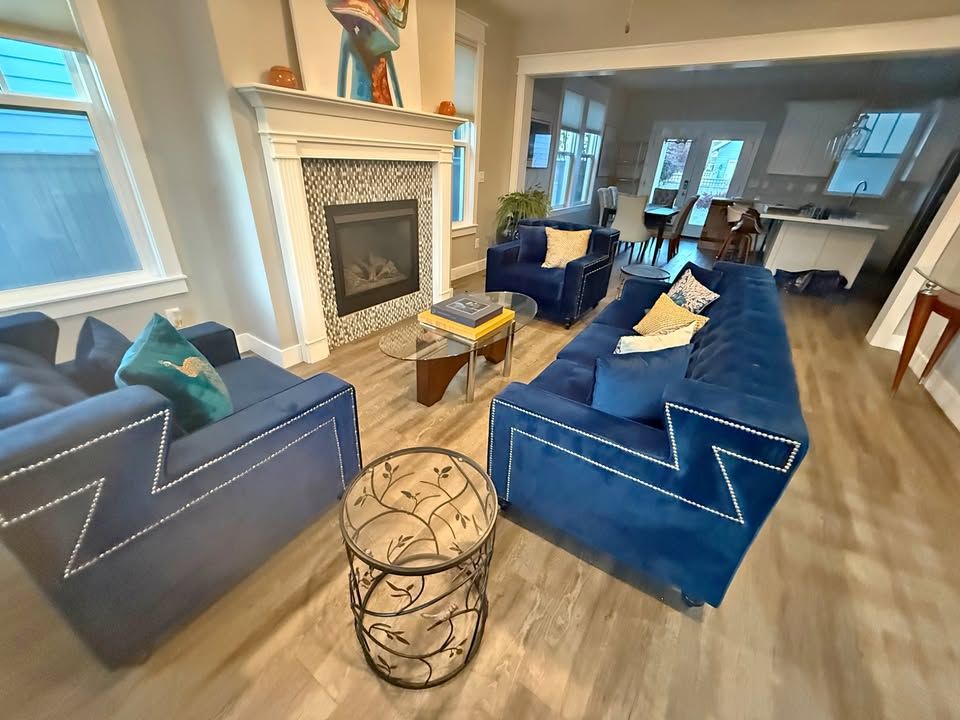 Navy Velvet Living Room Set — Sofa + 2 Accent Chairs + Tables