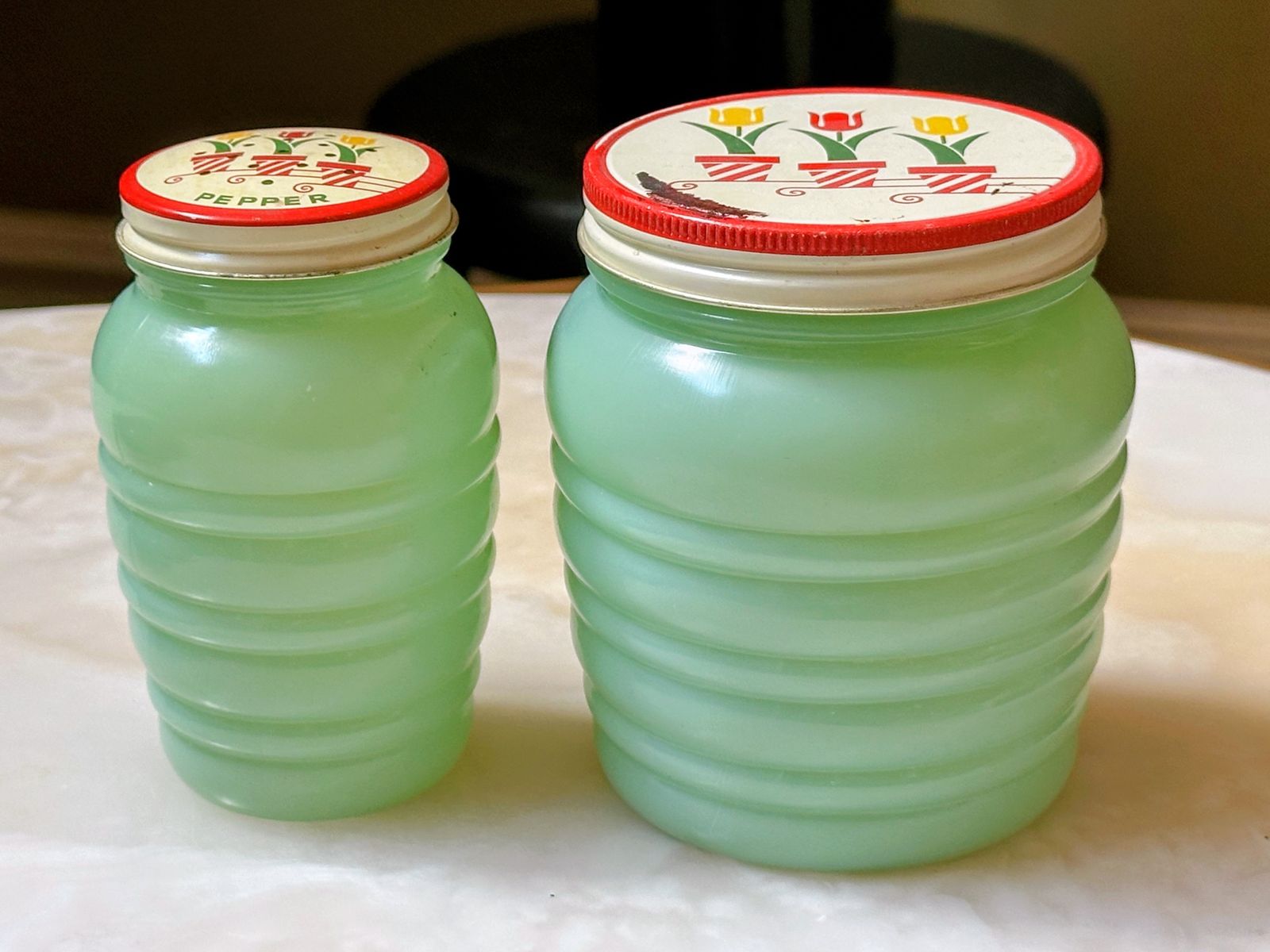 Vintage Jadeite Grease Jar and Pepper Shaker with Tulip Lids