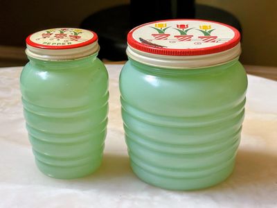 Vintage Jadeite Grease Jar and Pepper Shaker with Tulip Lids