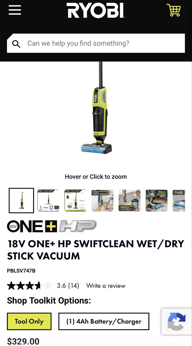 Ryobi ONE+ HP 18V SWIFTClean Cordless Wet/Dry Stick Vacuum PBLSV747B Tool Only