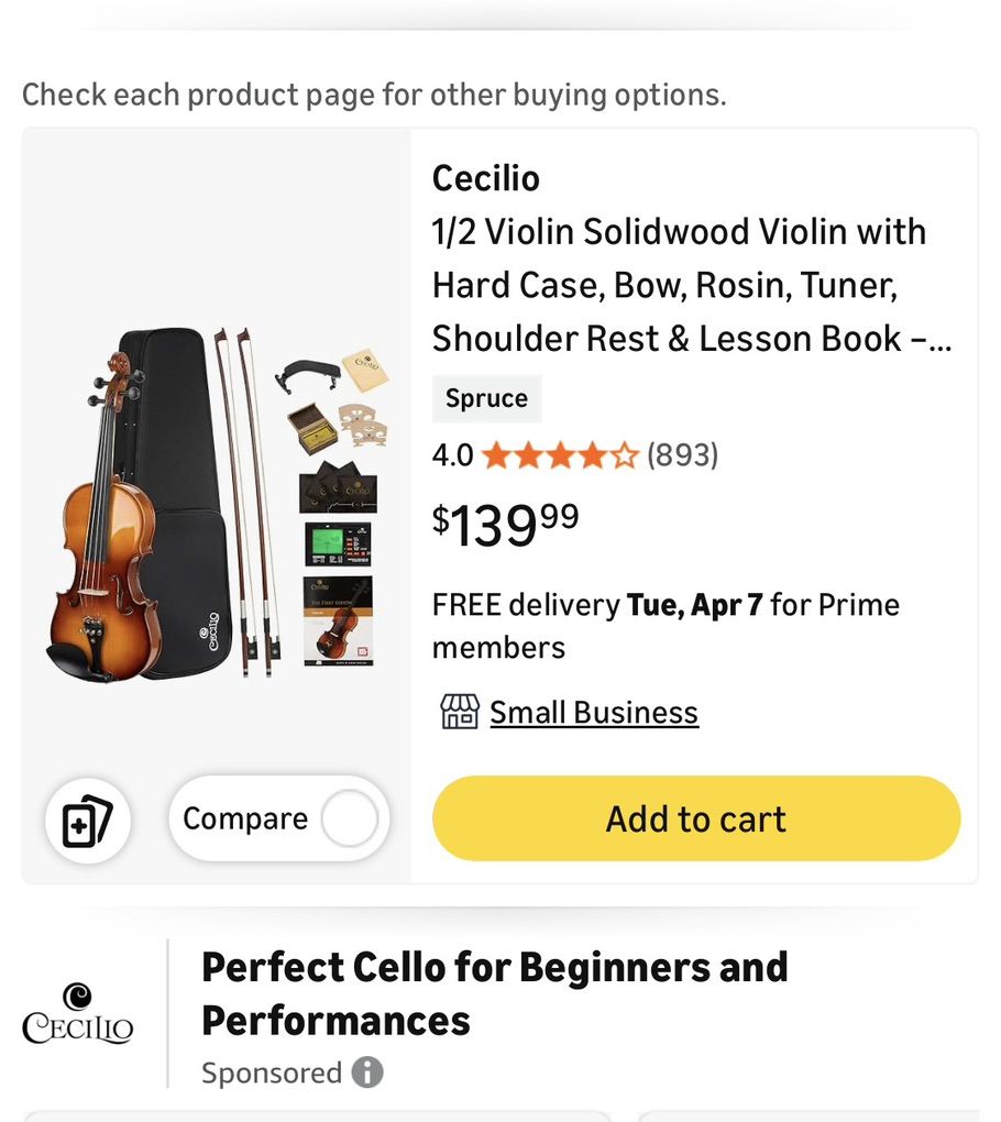 Cecilio 1/2 Violin Solidwood Violin with Hard Case