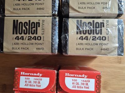 Nosler & Hornady .44 Cal 240 Grain Hollow Point Bullets
$75 pr Nosler $25 pr Hornady