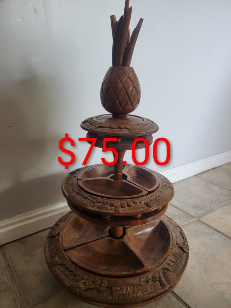 Vintage Monkey Pod Wood 3 Tier Lazy Susan Hawaiian