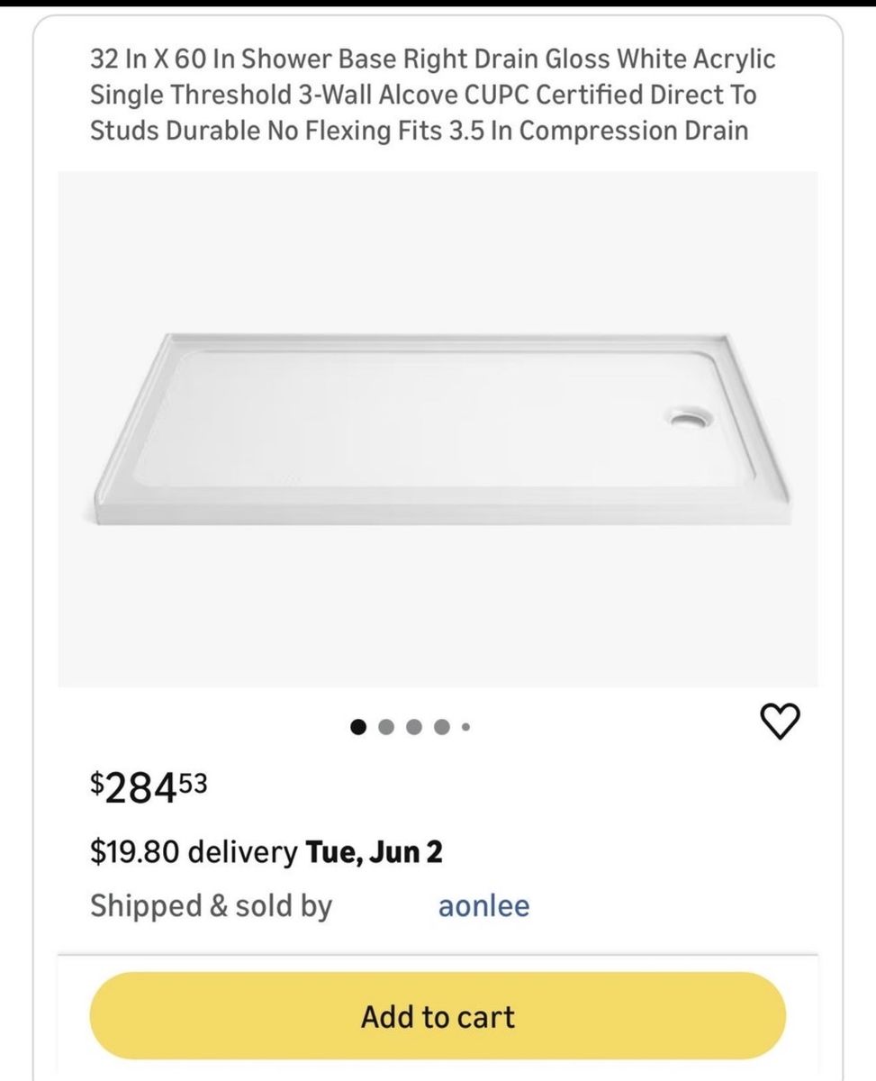 32 In X 60 In Shower Base Right Drain Gloss White Acrylic Single Threshold 3-Wall Alcove CUPC Certified
