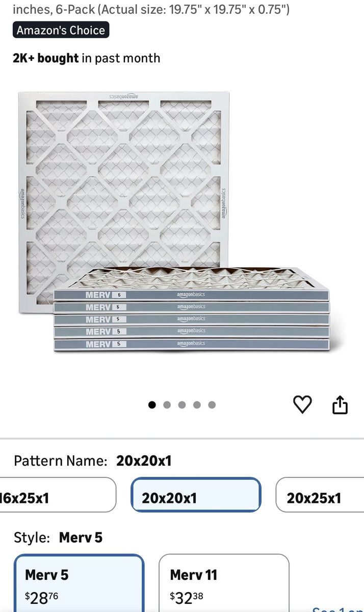 Air filters 20x20x1” 6 pack