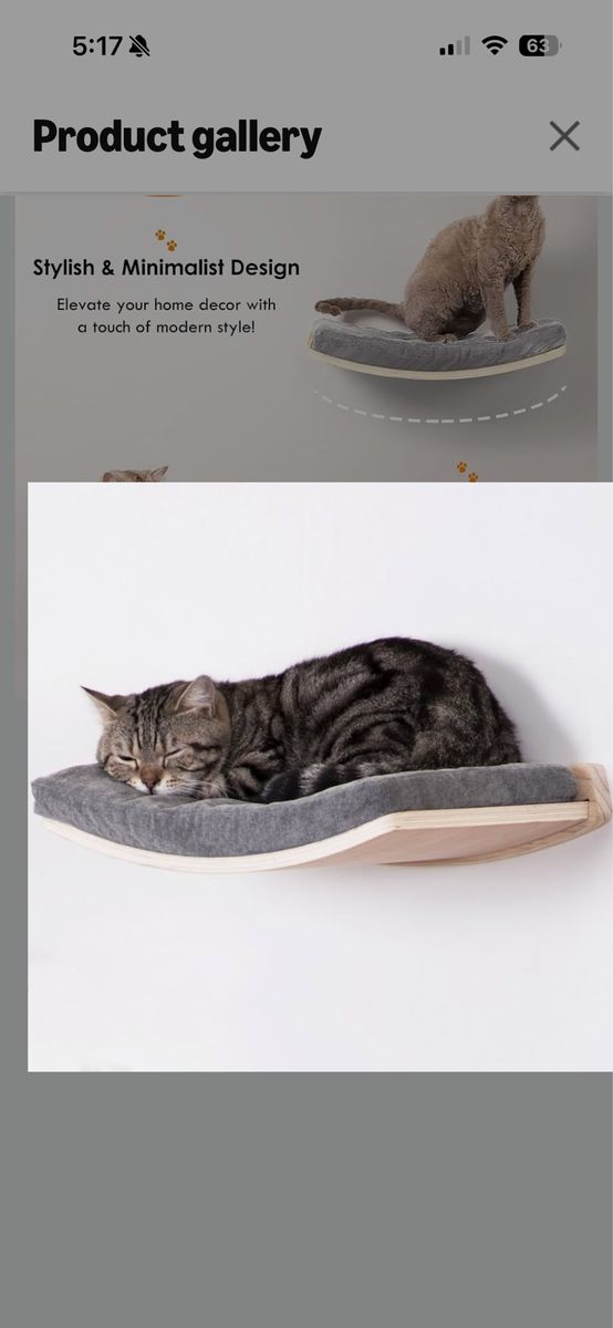 Wall-Mounted Curved Wooden Cat Shelf Perch with Grey Cushion Bed