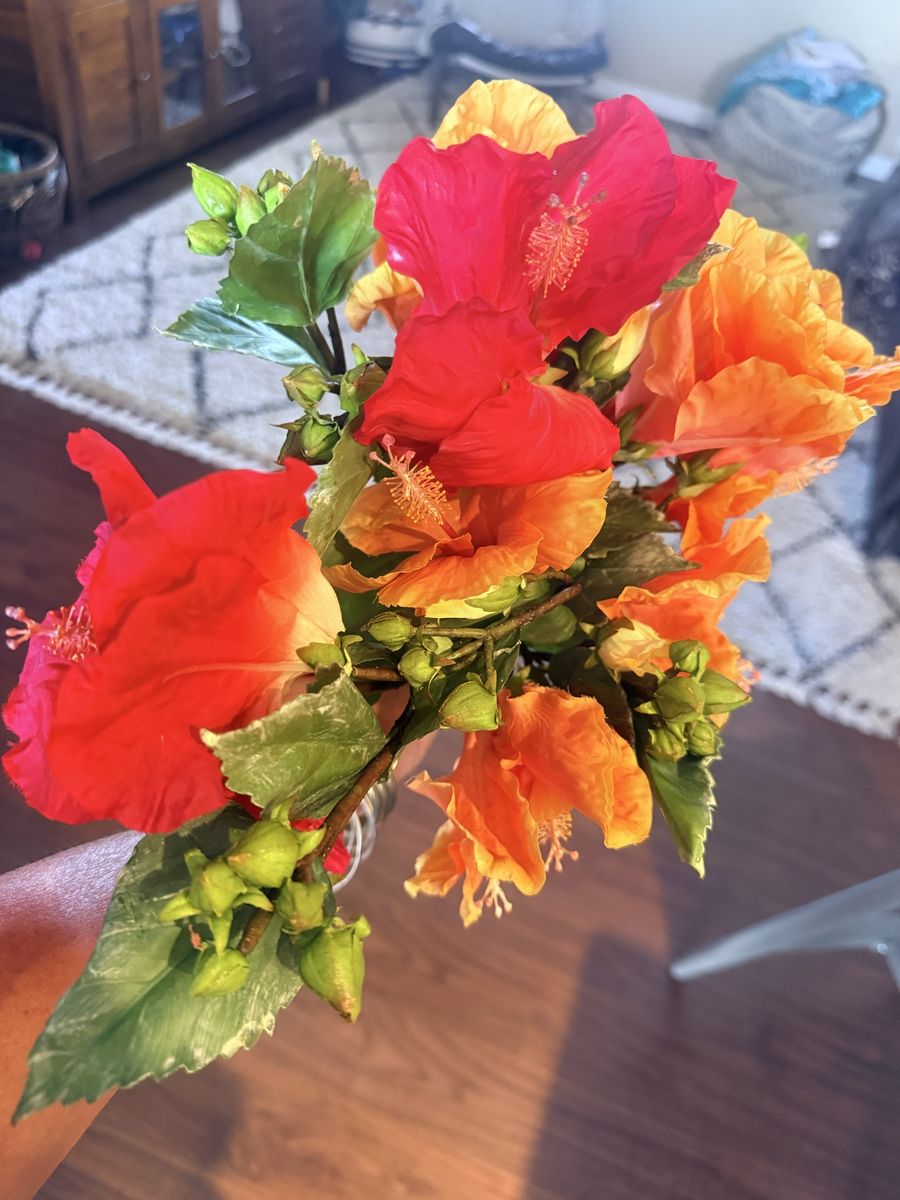 Artificial Tropical Hibiscus Flower Stems Red and Orange Silk Flowers