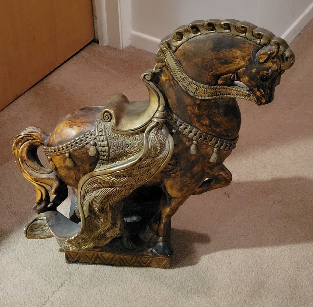 Large Antique Gold & Bronze Horse Statue / Sculpture with Saddle Detail, Home Decor Accent