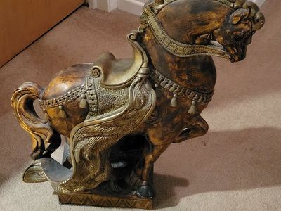 Large Antique Gold & Bronze Horse Statue / Sculpture with Saddle Detail, Home Decor Accent