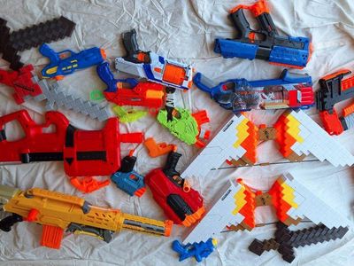 Large Toy Blaster Lot - Nerf, Minecraft Bows & Swords, Water Blasters