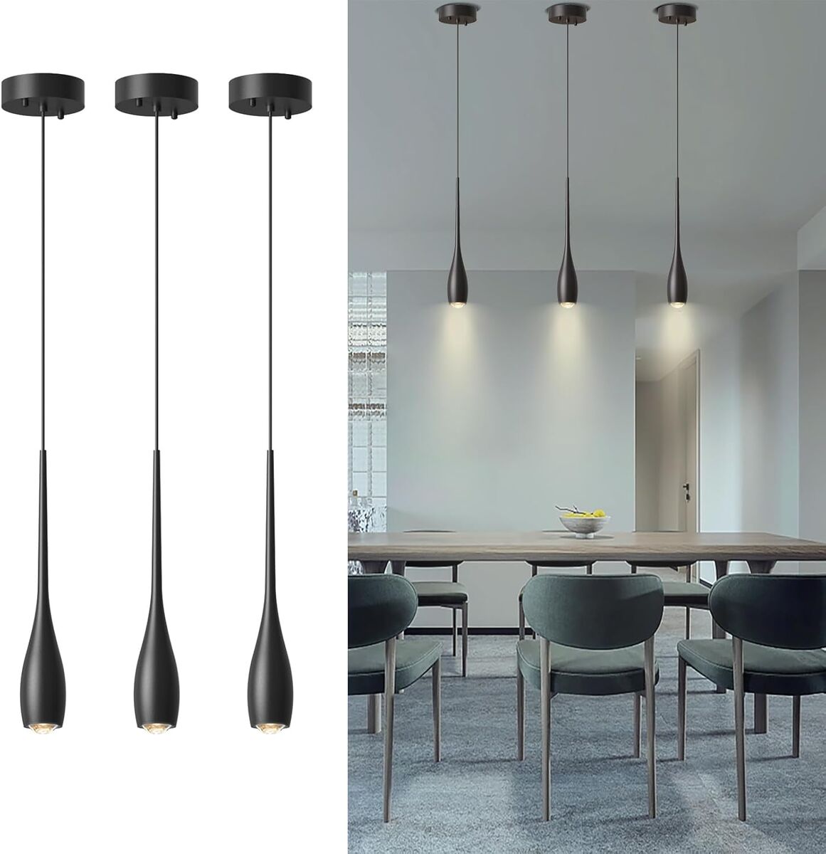 3 Pack - Black Pendant Lights Kitchen Island, Modern Pendant Light Fixtures, LED Hanging Light