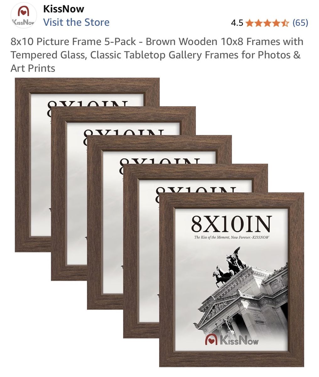 NEW KissNow 8x10 Picture Frame 5-Pack - Brown Wooden Frames with Tempered Glass
