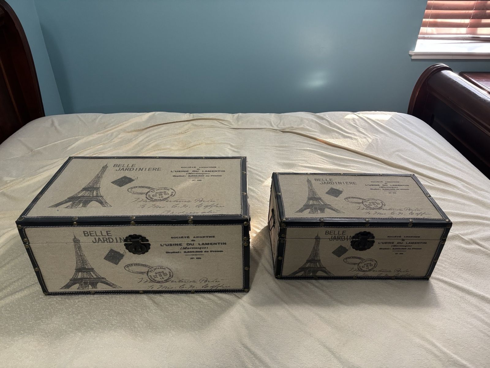 Set of 2 Vintage Paris Eiffel Tower Decorative Storage Trunks