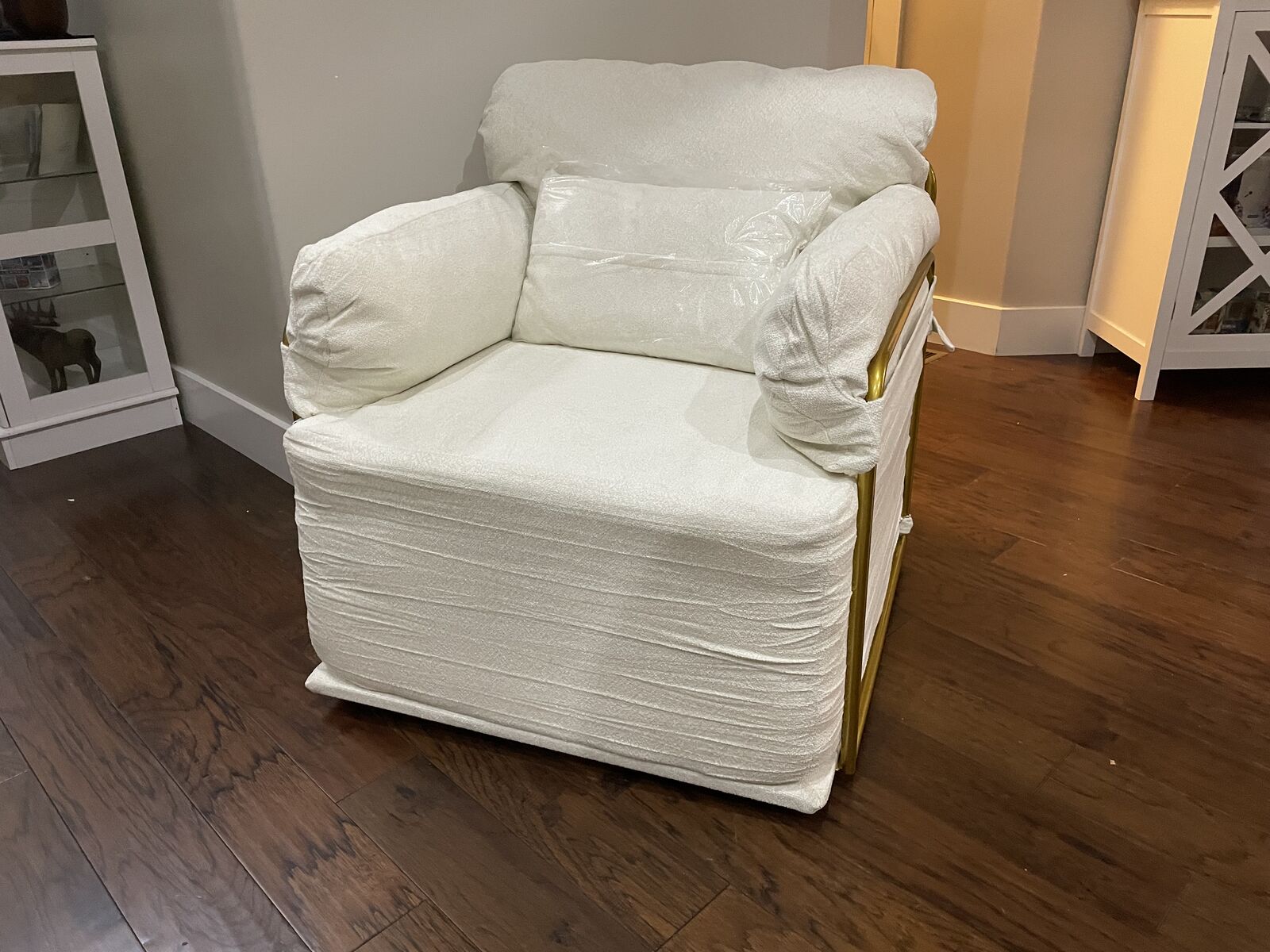 New 360 Degree Square Swivel Accent Sofa Chair with Gold Metal Legs - Beige