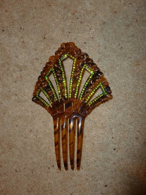 Large Antique Early Art Deco Celluloid Fan Shaped Hair Comb with Lime Colored Rhinestones- Large /Antique