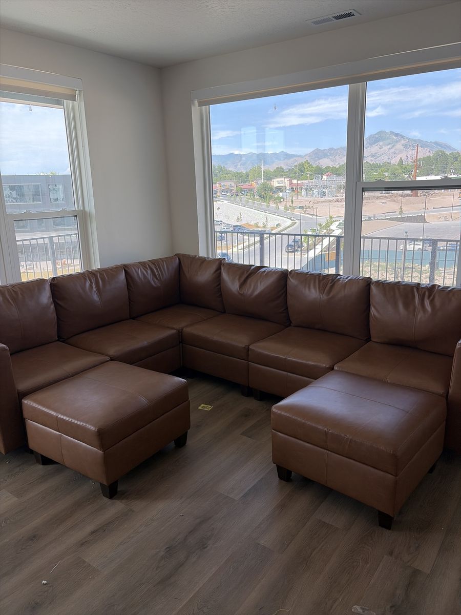 Moving! Brown Faux Leather Modular Sectional Sofa with Storage Ottomans