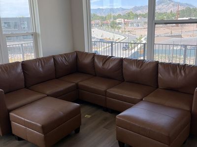 Moving! Brown Faux Leather Modular Sectional Sofa with Storage Ottomans