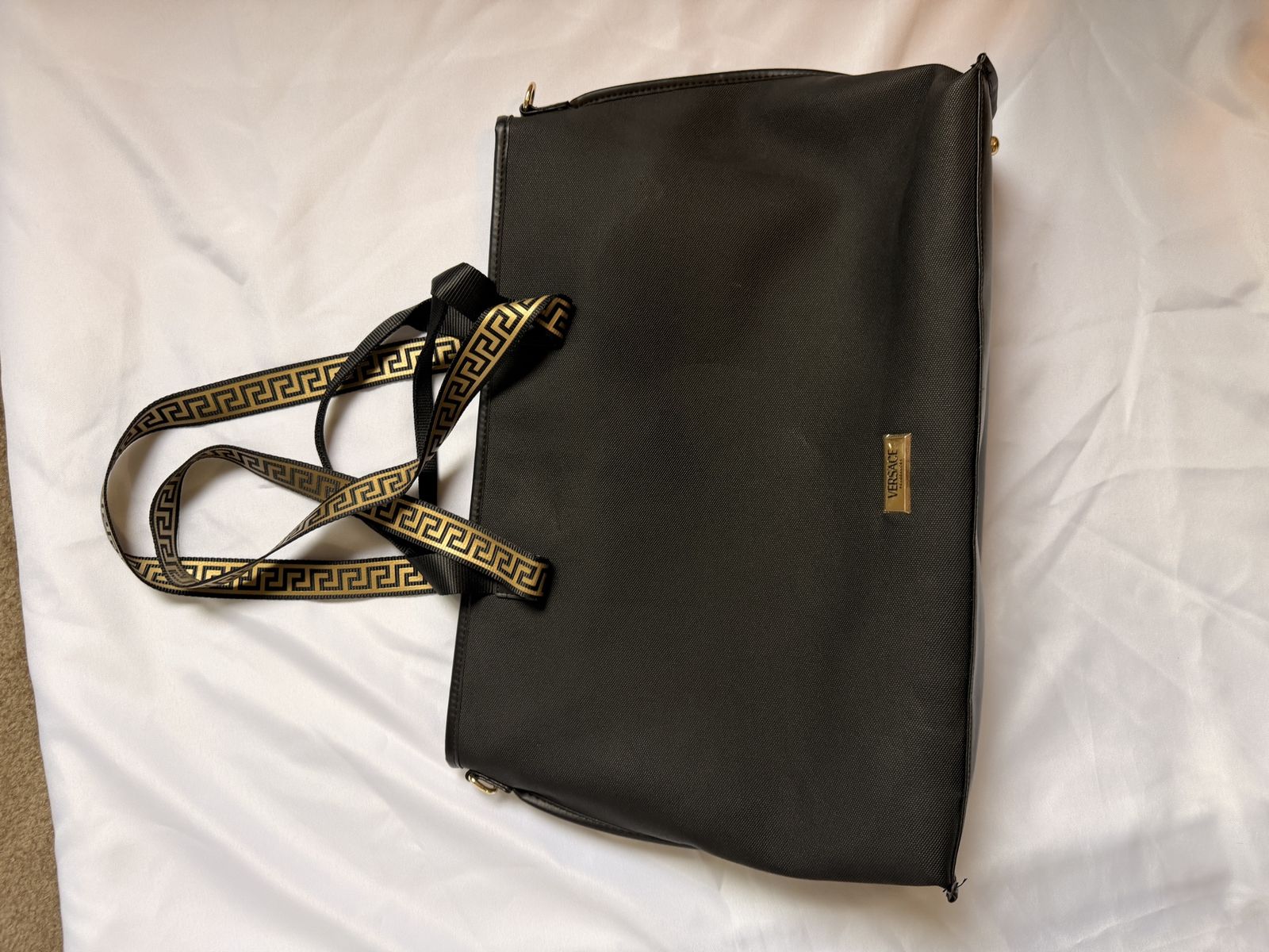 Versace Parfums Black Tote Bag with Gold Greek Key Straps and Pouch Set