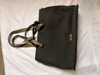 Versace Parfums Black Tote Bag with Gold Greek Key Straps and Pouch Set
