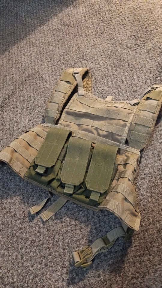 Airsoft gear, knee pads, BDUs, tactical vest with mag pouch