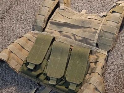 Airsoft gear, knee pads, BDUs, tactical vest with mag pouch