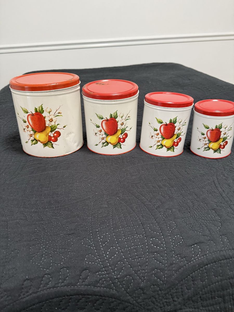 Vintage Metal Kitchen Canister Set - 4 Piece, Fruit Motif, Red Lids