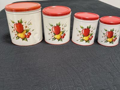 Vintage Metal Kitchen Canister Set - 4 Piece, Fruit Motif, Red Lids