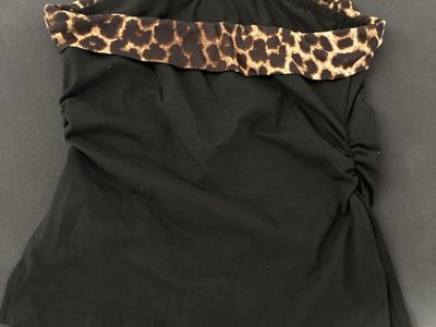 Amazon Black Ruched Tankini Top with Leopard Print Trim - Size Medium