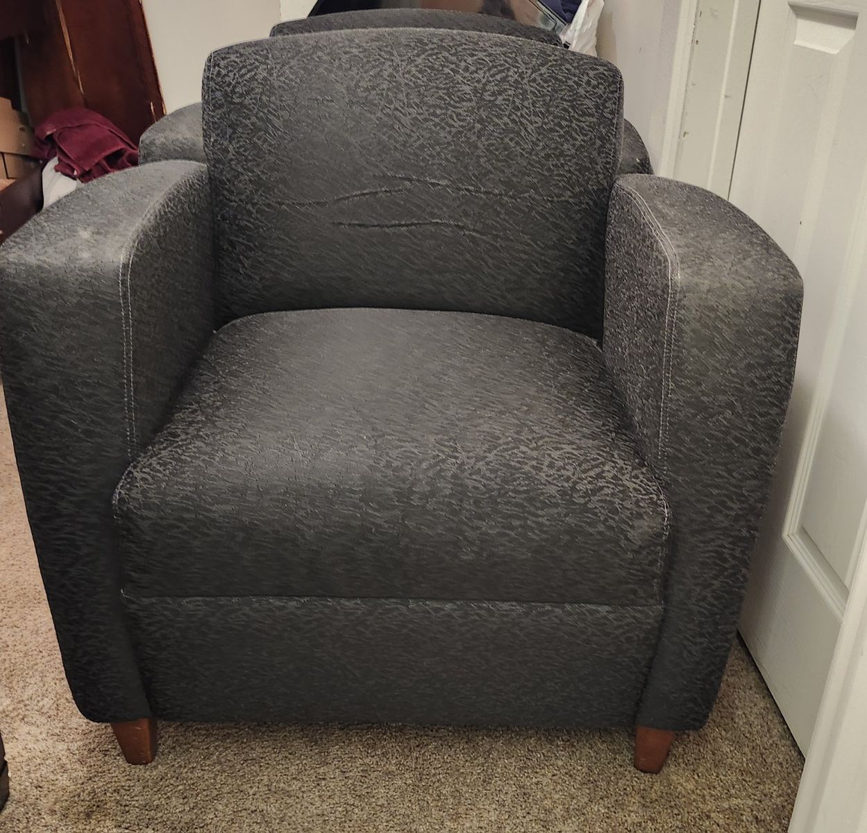 Pair of Modern Charcoal Gray Patterned Armchairs with Wood Legs - Good Condition