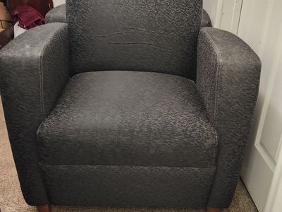 Pair of Modern Charcoal Gray Patterned Armchairs with Wood Legs - Good Condition