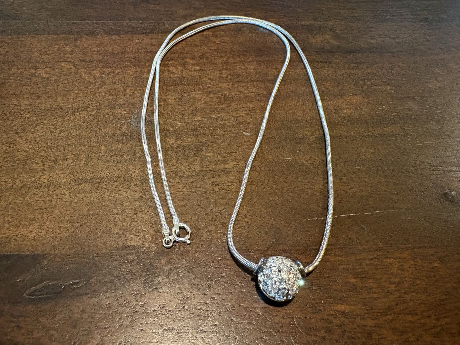Long Sterling Silver Snake Chain w/ Italian Silver Ball Clear Stones